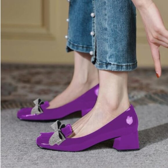 YDN Purple Squared Toe Tassel Pumps Rhinestone Bow Chunky Low Heel Slip On Shoe - Picture 1 of 8